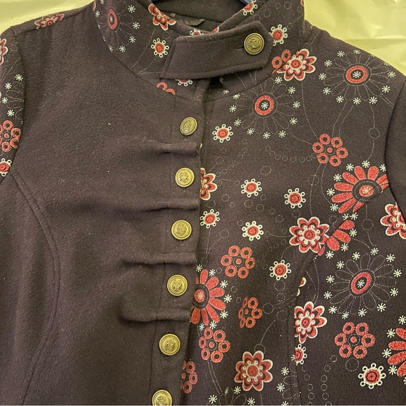 JOE BROWNS plus size purple floral flared funnel neck ruched cinch waist coat - Picture 4 of 11